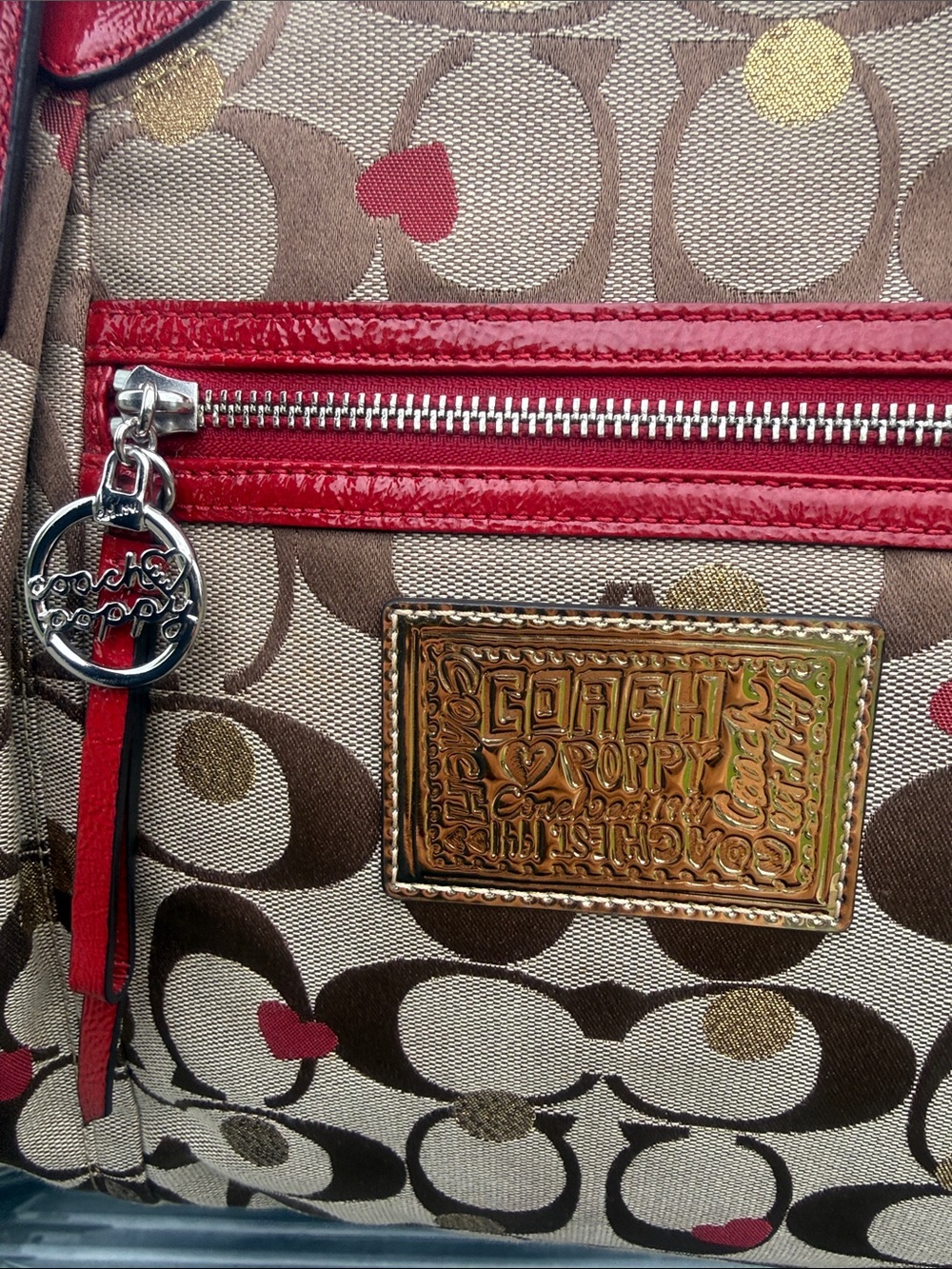 🌺❤️Coach Poppy Glam Tote 16289 Hearts Gold Dot Signature Canvas Red Leather Y2K🤎 - Picture 6 of 15